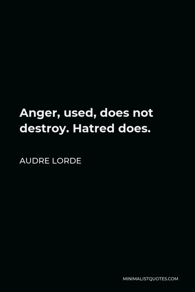 Audre Lorde Quote - Anger, used, does not destroy. Hatred does.