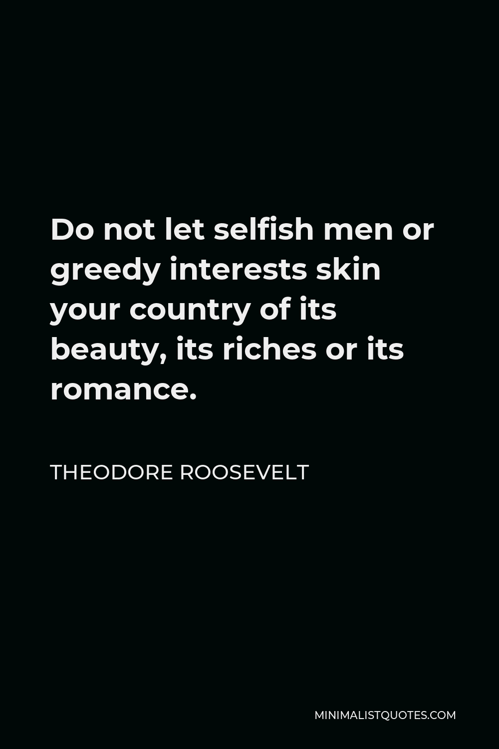 Theodore Roosevelt Quote - Do not let selfish men or greedy interests skin your country of its beauty, its riches or its romance.