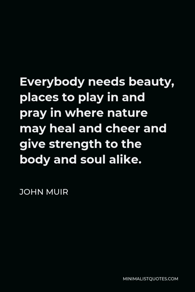 John Muir Quote - Everybody needs beauty, places to play in and pray in where nature may heal and cheer and give strength to the body and soul alike.
