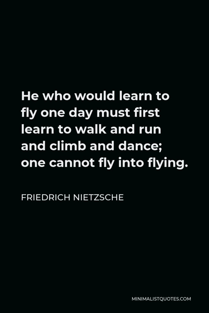 Friedrich Nietzsche Quote - He who would learn to fly one day must first learn to walk and run and climb and dance; one cannot fly into flying.