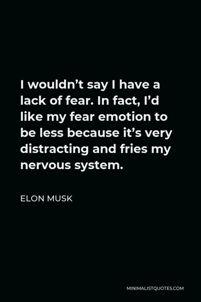 Elon Musk Quote - I wouldn’t say I have a lack of fear. In fact, I’d like my fear emotion to be less because it’s very distracting and fries my nervous system.