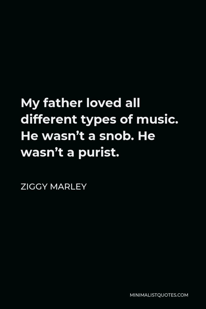 Ziggy Marley Quote - My father loved all different types of music. He wasn’t a snob. He wasn’t a purist.