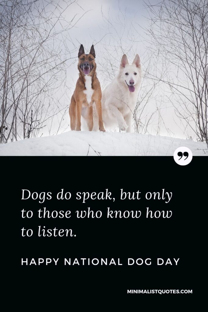 National Dog Day Quote, Wish & Message With Image: Dogs do speak, but only to those who know how to listen. Happy National Dog Day!
