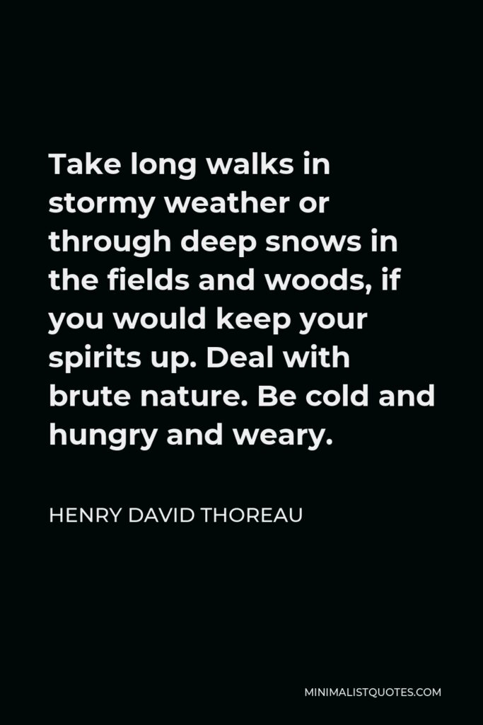 Henry David Thoreau Quote - Take long walks in stormy weather or through deep snows in the fields and woods, if you would keep your spirits up. Deal with brute nature. Be cold and hungry and weary.