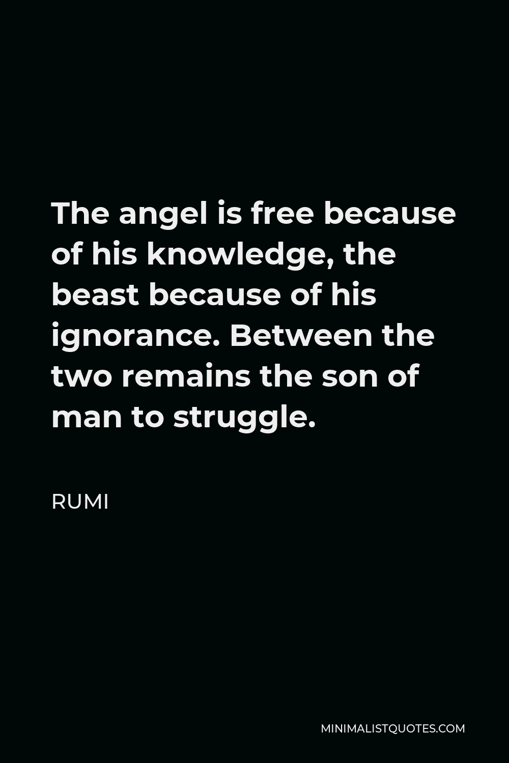 Rumi Quote - The angel is free because of his knowledge, the beast because of his ignorance. Between the two remains the son of man to struggle.