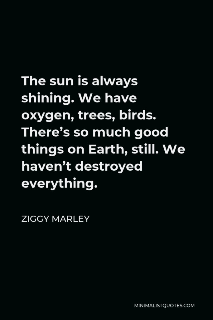 Ziggy Marley Quote - The sun is always shining. We have oxygen, trees, birds. There’s so much good things on Earth, still. We haven’t destroyed everything.