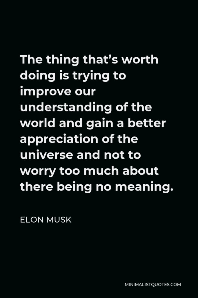 Elon Musk Quote - The thing that’s worth doing is trying to improve our understanding of the world and gain a better appreciation of the universe and not to worry too much about there being no meaning.