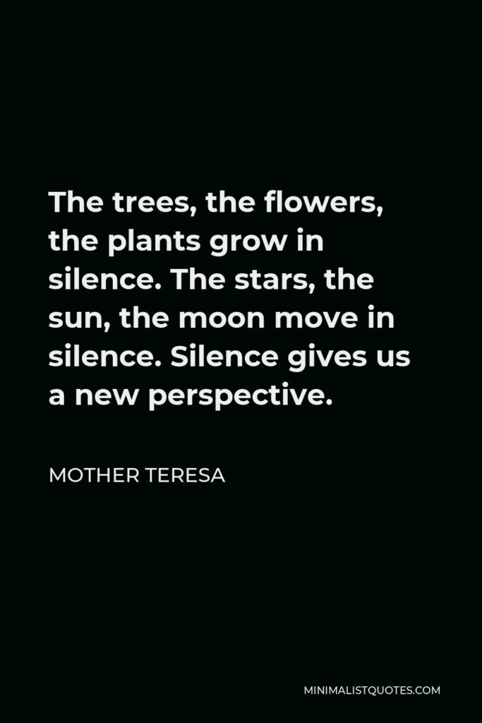 Mother Teresa Quote - The trees, the flowers, the plants grow in silence. The stars, the sun, the moon move in silence. Silence gives us a new perspective.