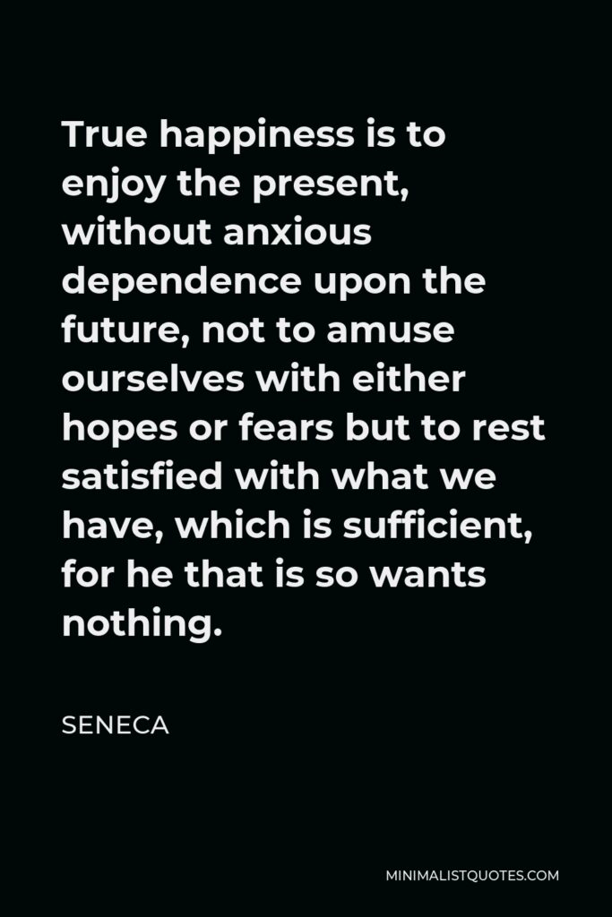 Seneca Quote - True happiness is to enjoy the present, without anxious dependence upon the future, not to amuse ourselves with either hopes or fears but to rest satisfied with what we have, which is sufficient, for he that is so wants nothing.