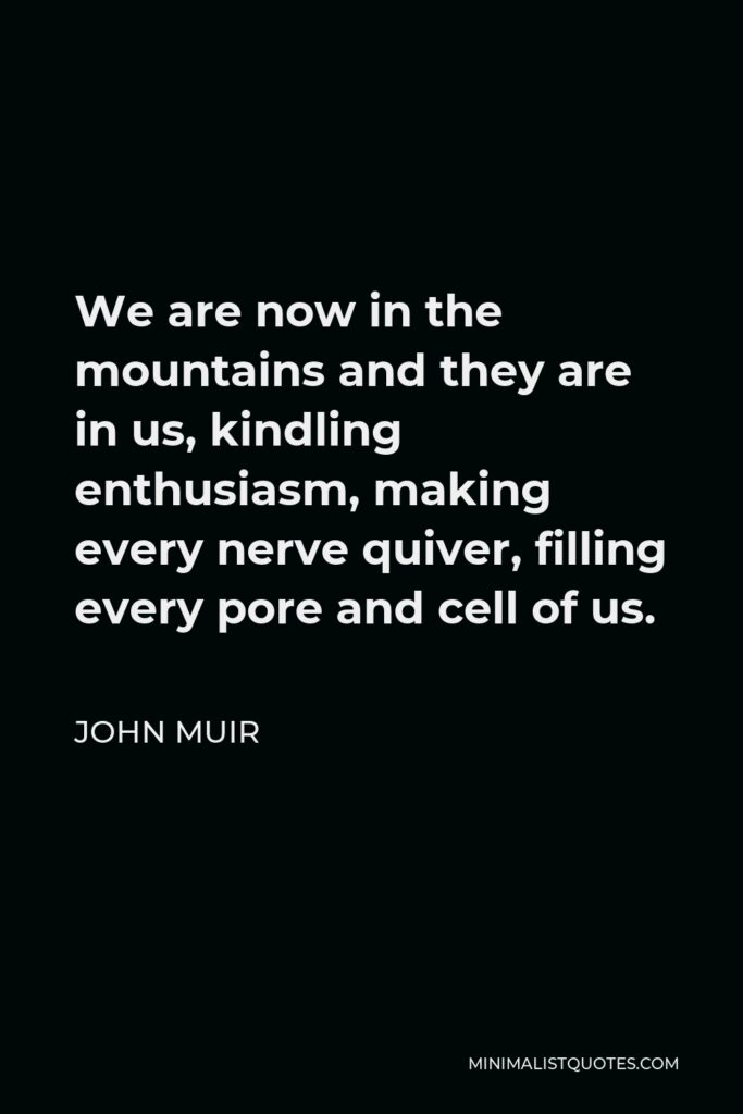 John Muir Quote - We are now in the mountains and they are in us, kindling enthusiasm, making every nerve quiver, filling every pore and cell of us.