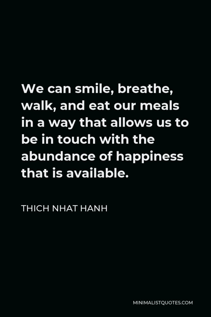 Thich Nhat Hanh Quote - We can smile, breathe, walk, and eat our meals in a way that allows us to be in touch with the abundance of happiness that is available.