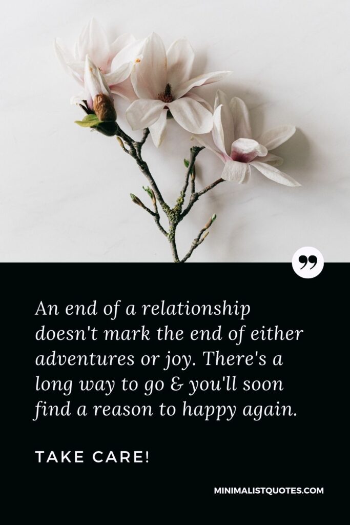 Divorce Quote, Sympathy & Message With Image: An end of a relationship doesn't mark the end of either adventures or joy. There's a long way to go & you'll soon find a reason to happy again. Take Care!