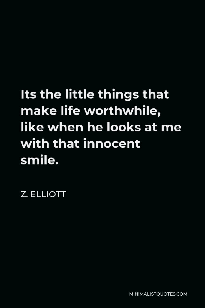 Z. Elliott Quote - Its the little things that make life worthwhile, like when he looks at me with that innocent smile.