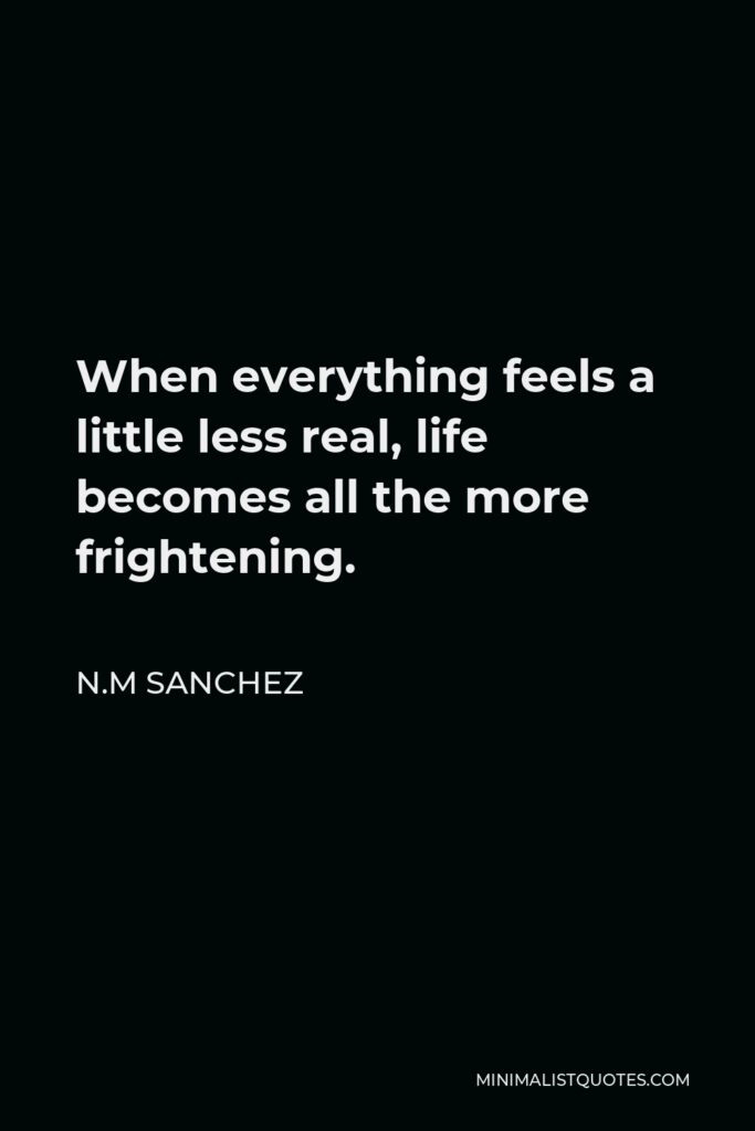 N.M Sanchez Quote - When everything feels a little less real, life becomes all the more frightening.