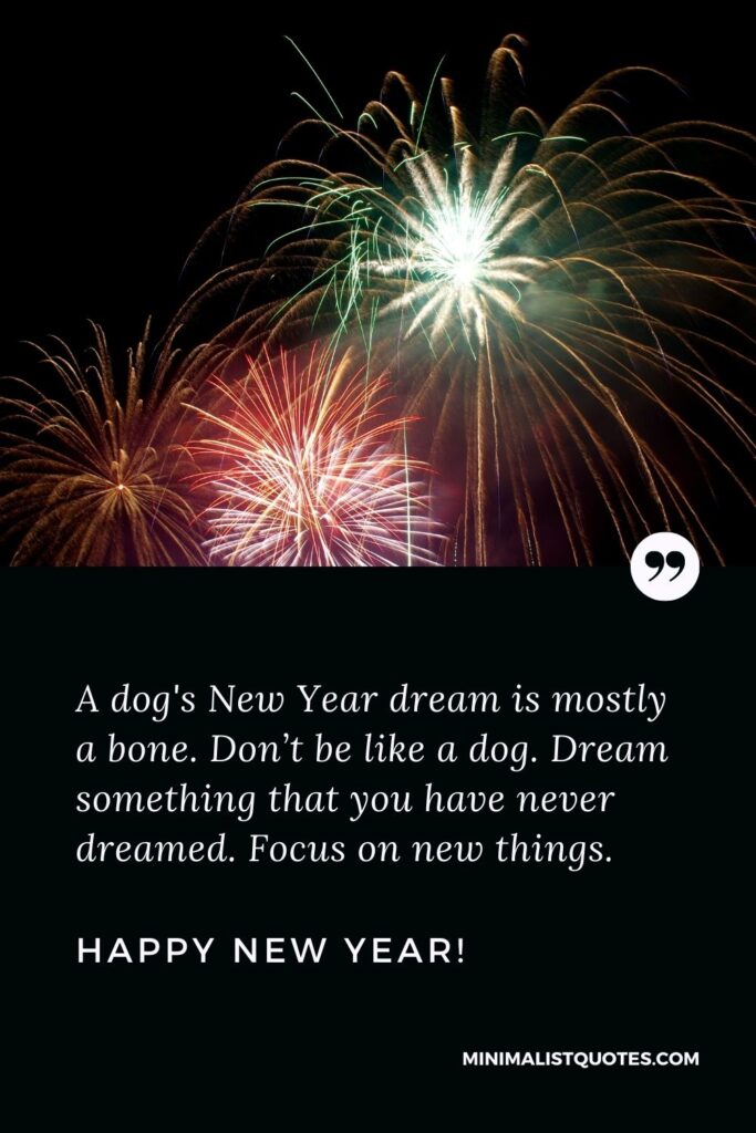 Happy New Year Quote: A dog's New Year dream is mostly a bone. Don’t be like a dog. Dream something that you have never dreamed. Focus on new things. Happy New Year!