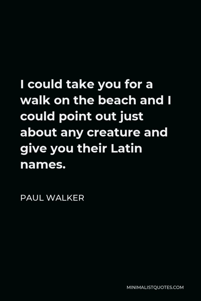 Paul Walker Quote - I could take you for a walk on the beach and I could point out just about any creature and give you their Latin names.