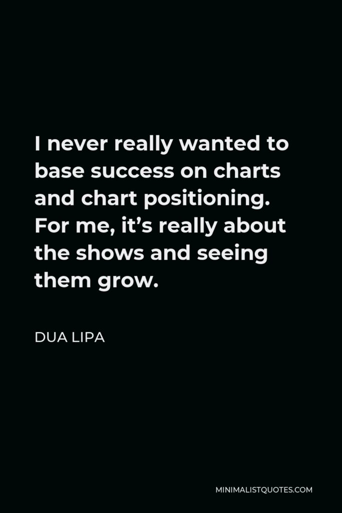 Dua Lipa Quote - I never really wanted to base success on charts and chart positioning. For me, it’s really about the shows and seeing them grow.