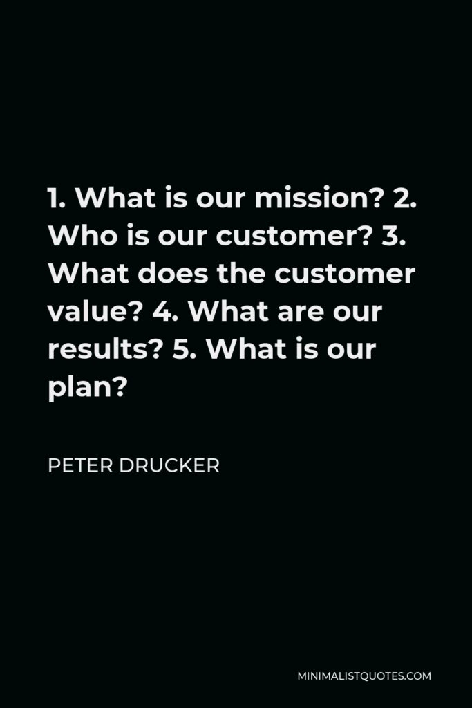 Peter Drucker Quote - 1. What is our mission? 2. Who is our customer? 3. What does the customer value? 4. What are our results? 5. What is our plan?