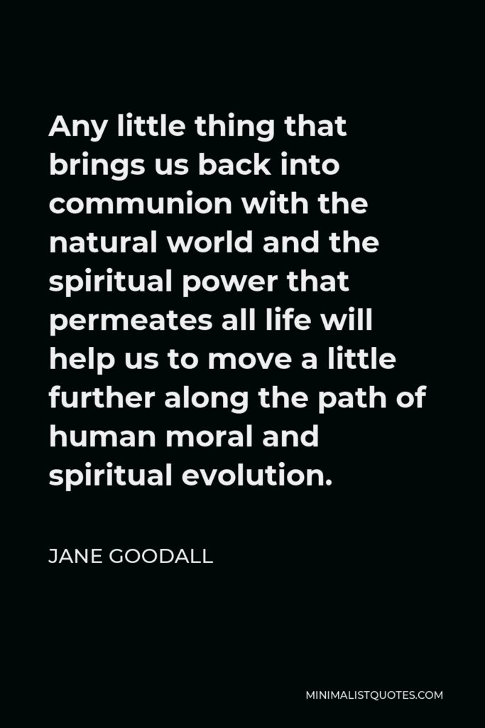 Jane Goodall Quote - Any little thing that brings us back into communion with the natural world and the spiritual power that permeates all life will help us to move a little further along the path of human moral and spiritual evolution.