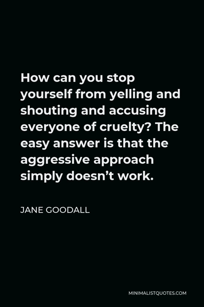 Jane Goodall Quote - How can you stop yourself from yelling and shouting and accusing everyone of cruelty? The easy answer is that the aggressive approach simply doesn’t work.