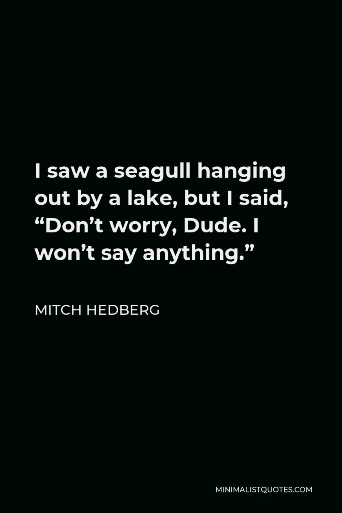Mitch Hedberg Quote - I saw a seagull hanging out by a lake, but I said, “Don’t worry, Dude. I won’t say anything.”
