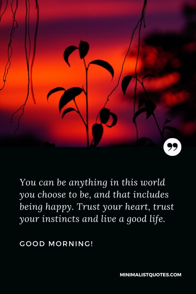 Motivational good morning message: You can be anything in this world you choose to be, and that includes being happy. Trust your heart, trust your instincts and live a good life. Good morning.