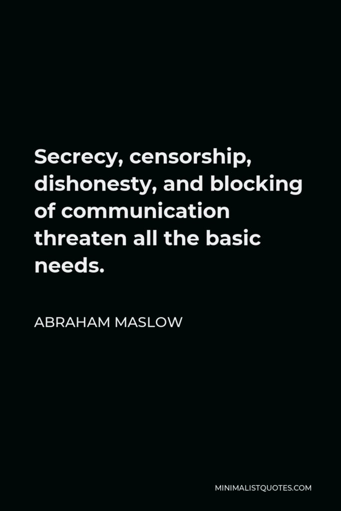 Abraham Maslow Quote - Secrecy, censorship, dishonesty, and blocking of communication threaten all the basic needs.