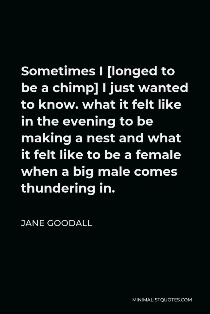 Jane Goodall Quote - Sometimes I [longed to be a chimp] I just wanted to know. what it felt like in the evening to be making a nest and what it felt like to be a female when a big male comes thundering in.