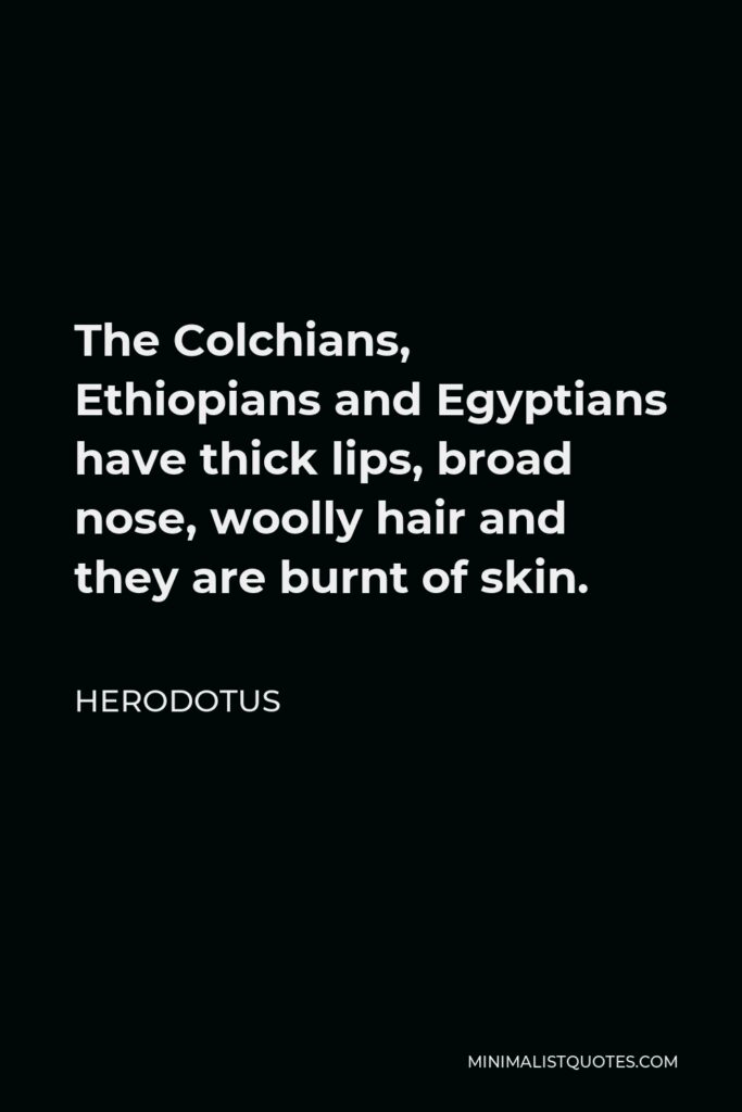 Herodotus Quote - The Colchians, Ethiopians and Egyptians have thick lips, broad nose, woolly hair and they are burnt of skin.