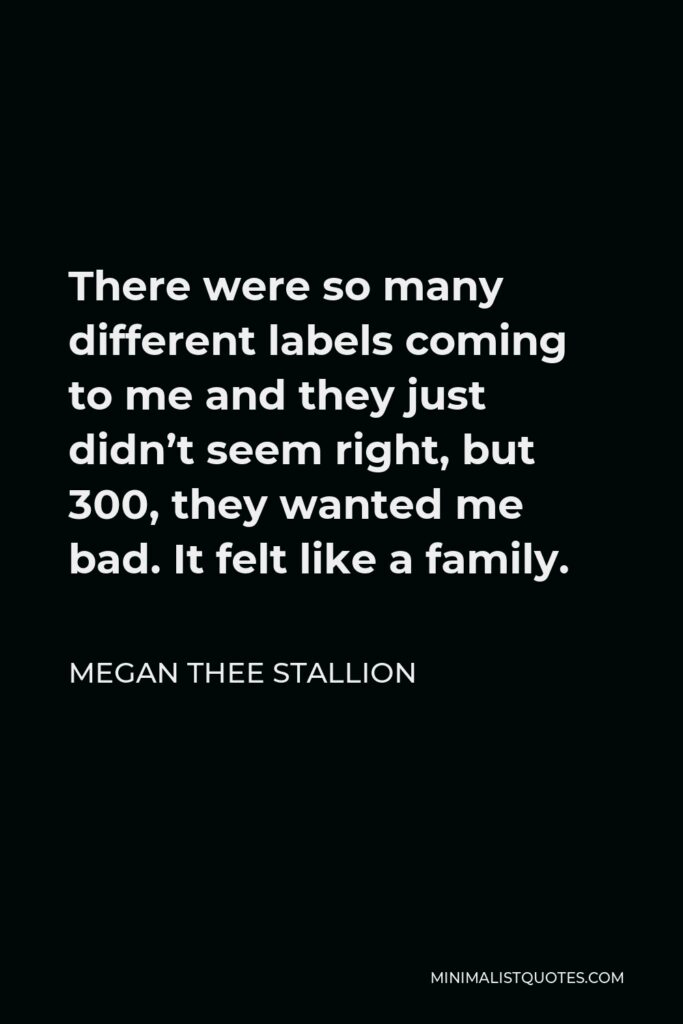 Megan Thee Stallion Quote - There were so many different labels coming to me and they just didn’t seem right, but 300, they wanted me bad. It felt like a family.
