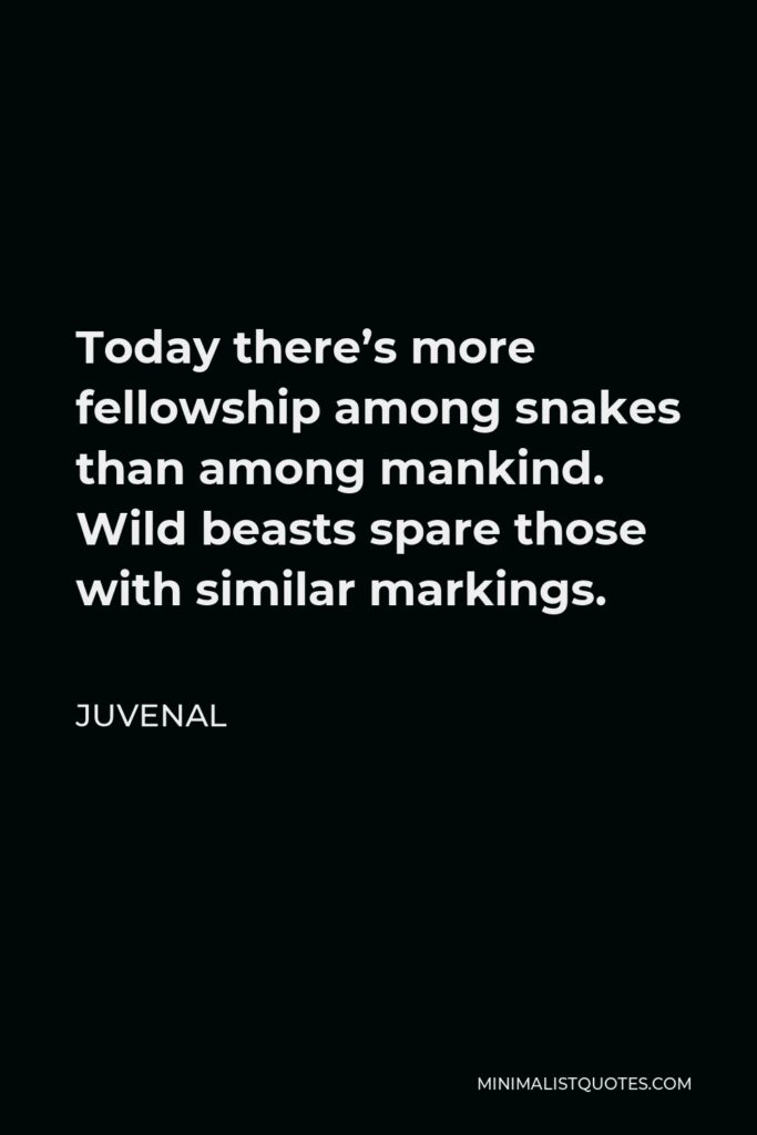 Juvenal Quote - Today there’s more fellowship among snakes than among mankind. Wild beasts spare those with similar markings.