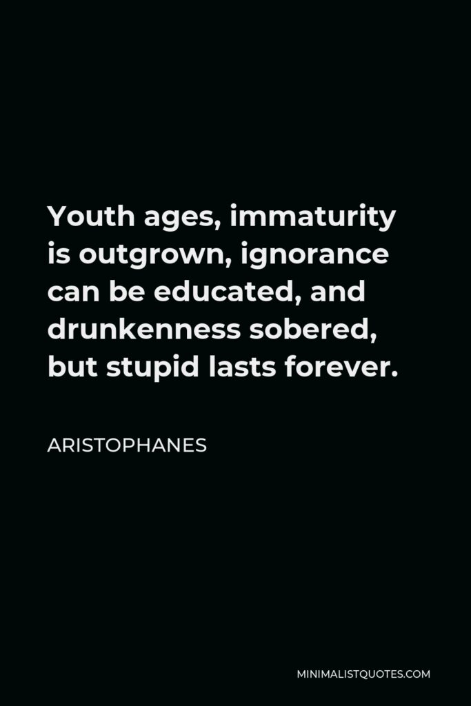 Aristophanes Quote - Youth ages, immaturity is outgrown, ignorance can be educated, and drunkenness sobered, but stupid lasts forever.
