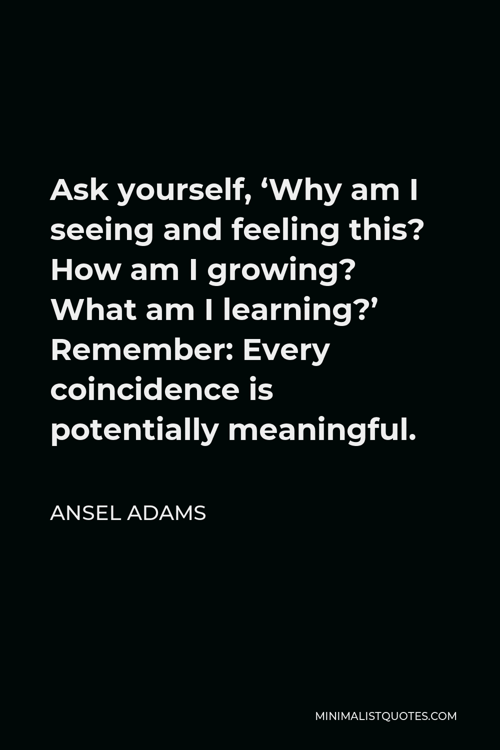 Ansel Adams Quote - Ask yourself, ‘Why am I seeing and feeling this? How am I growing? What am I learning?’ Remember: Every coincidence is potentially meaningful.
