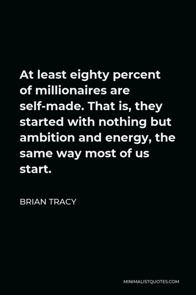 Brian Tracy Quote - At least eighty percent of millionaires are self-made. That is, they started with nothing but ambition and energy, the same way most of us start.