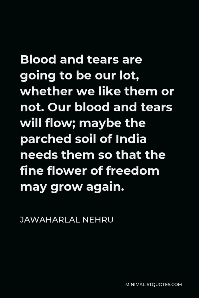 Jawaharlal Nehru Quote - Blood and tears are going to be our lot, whether we like them or not. Our blood and tears will flow; maybe the parched soil of India needs them so that the fine flower of freedom may grow again.
