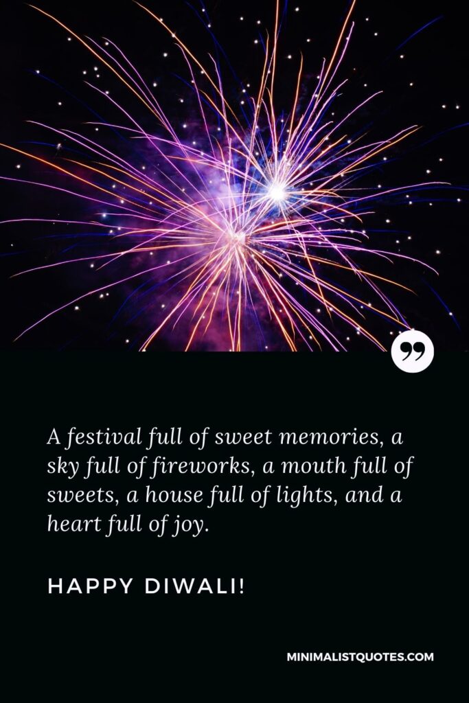 Diwali wishes images: A festival full of sweet memories, a sky full of fireworks, a mouth full of sweets, a house full of lights, and a heart full of joy. Happy Diwali!