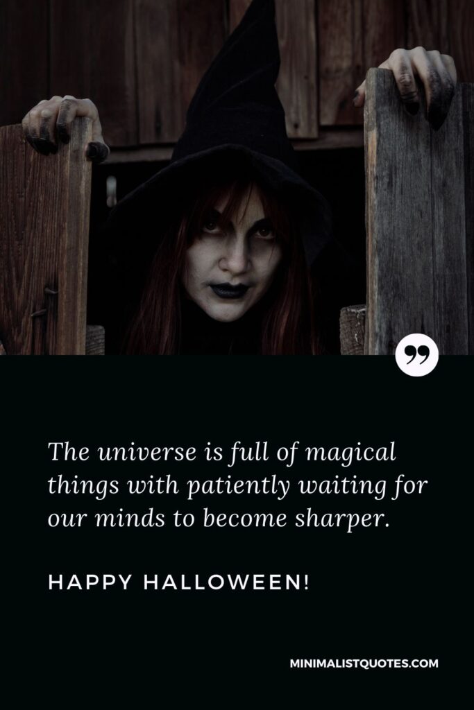 Halloween Quotes Trick or Treat: The universe is full of magical things with patiently waiting for our minds to become sharper. Happy Halloween!