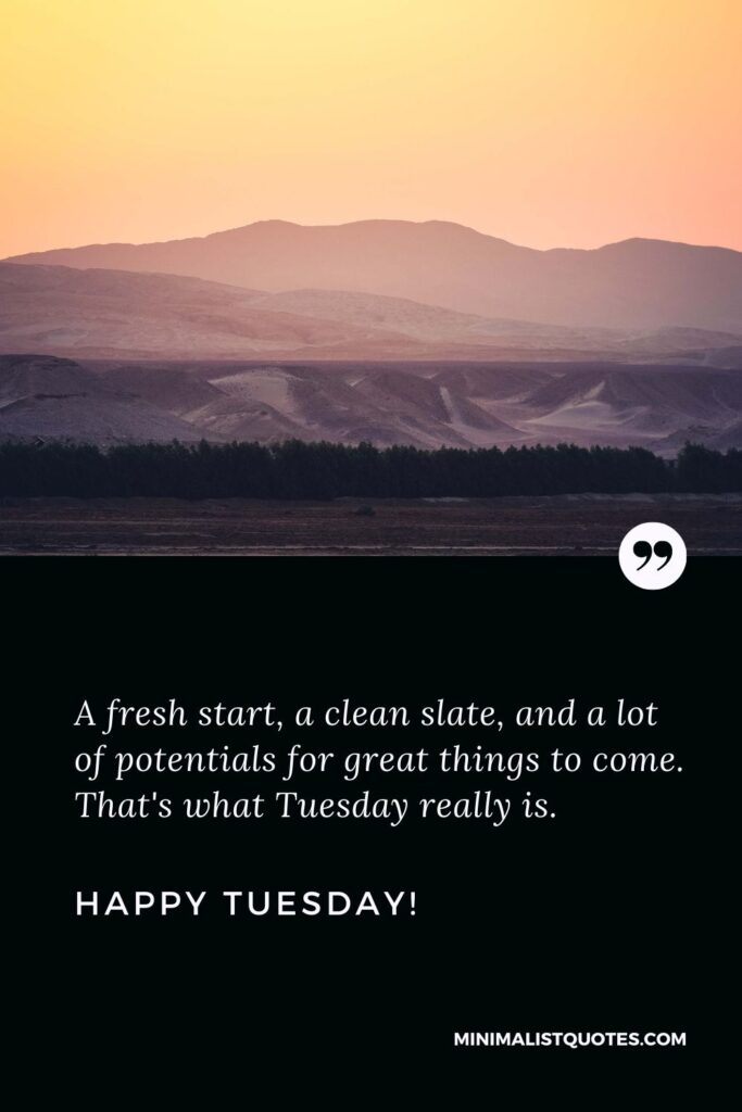 Happy Tuesday greetings: A fresh start, a clean slate, and a lot of potentials for great things to come. That's what Tuesday really is. Happy Tuesday!