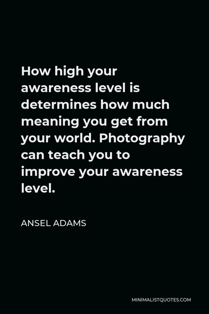 Ansel Adams Quote - How high your awareness level is determines how much meaning you get from your world. Photography can teach you to improve your awareness level.