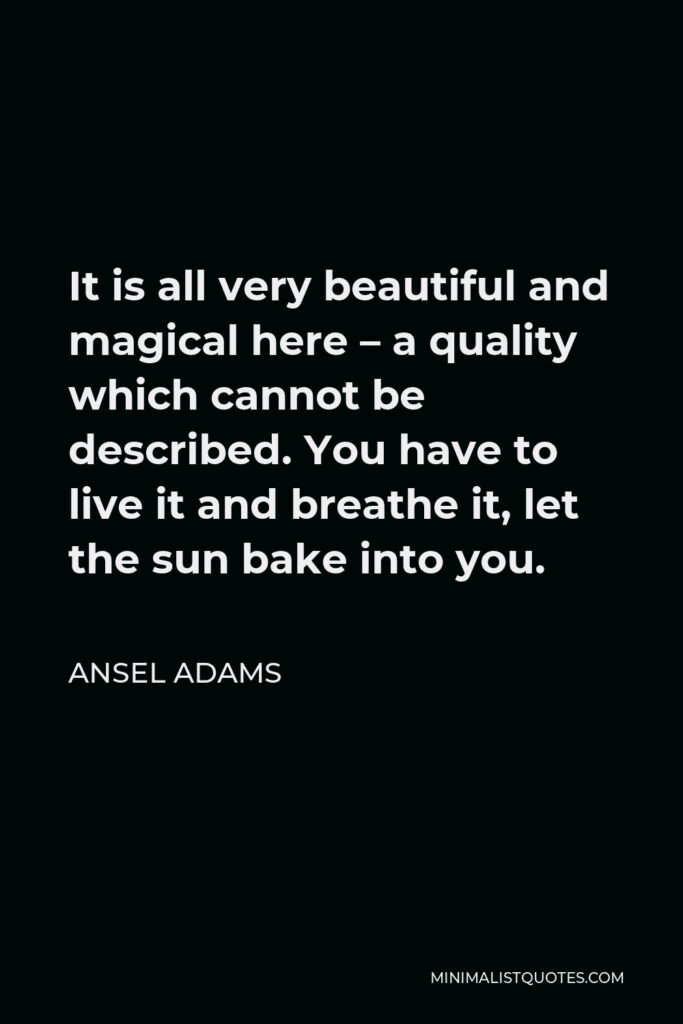 Ansel Adams Quote - It is all very beautiful and magical here – a quality which cannot be described. You have to live it and breathe it, let the sun bake into you.