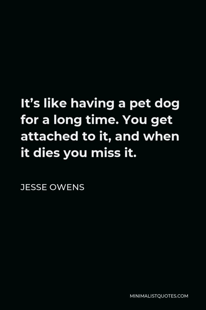 Jesse Owens Quote - It’s like having a pet dog for a long time. You get attached to it, and when it dies you miss it.
