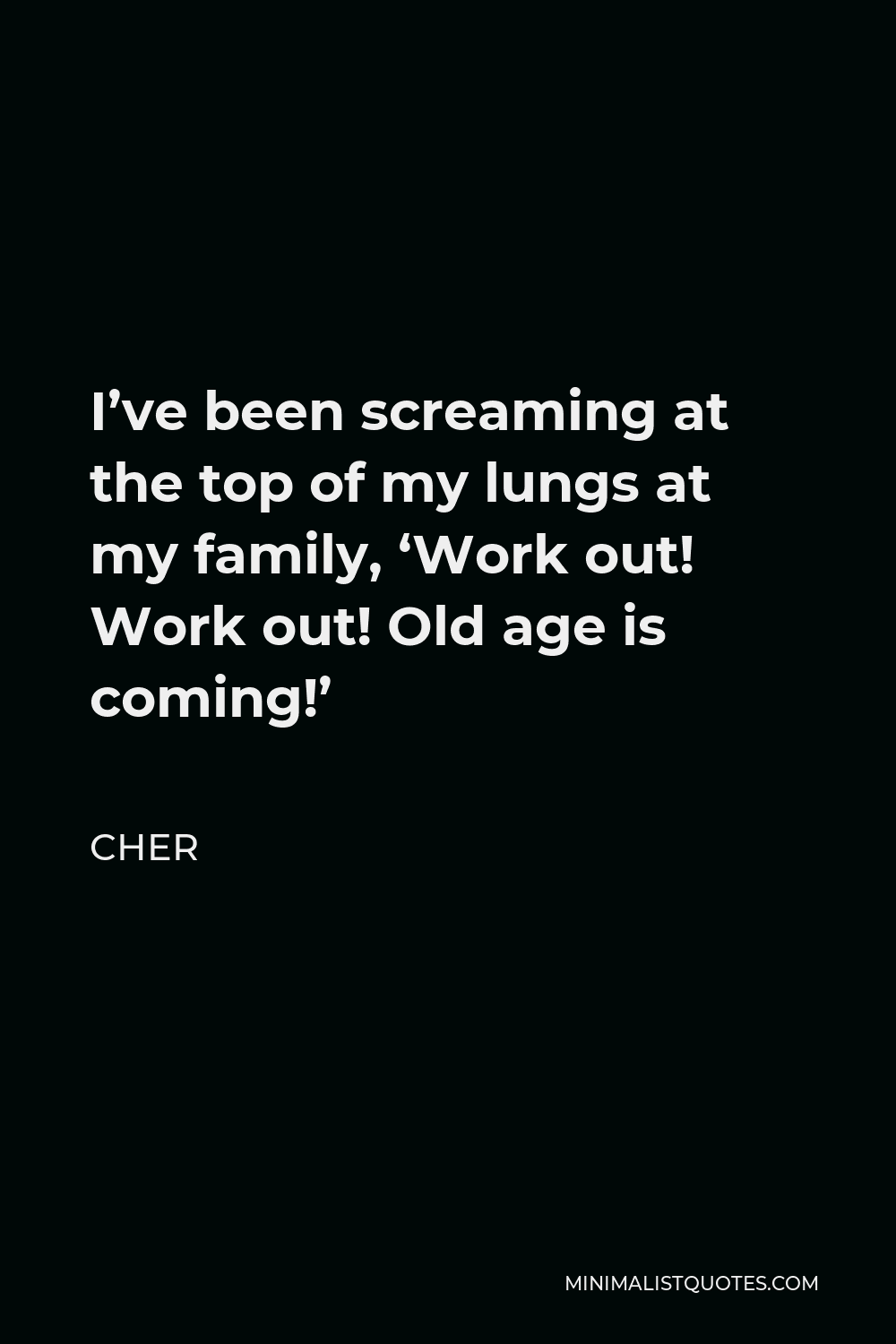 ris Seletøj Kanon Cher Quote: I've been screaming at the top of my lungs at my family, 'Work  out! Work out! Old age is coming!'