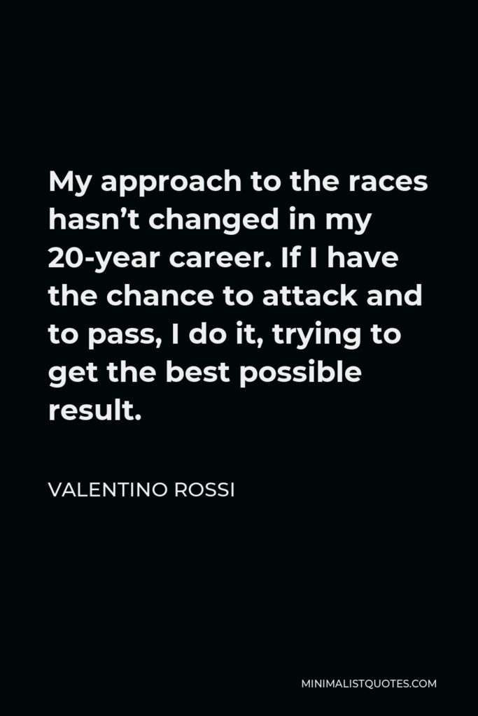 Valentino Rossi Quote - My approach to the races hasn’t changed in my 20-year career. If I have the chance to attack and to pass, I do it, trying to get the best possible result.