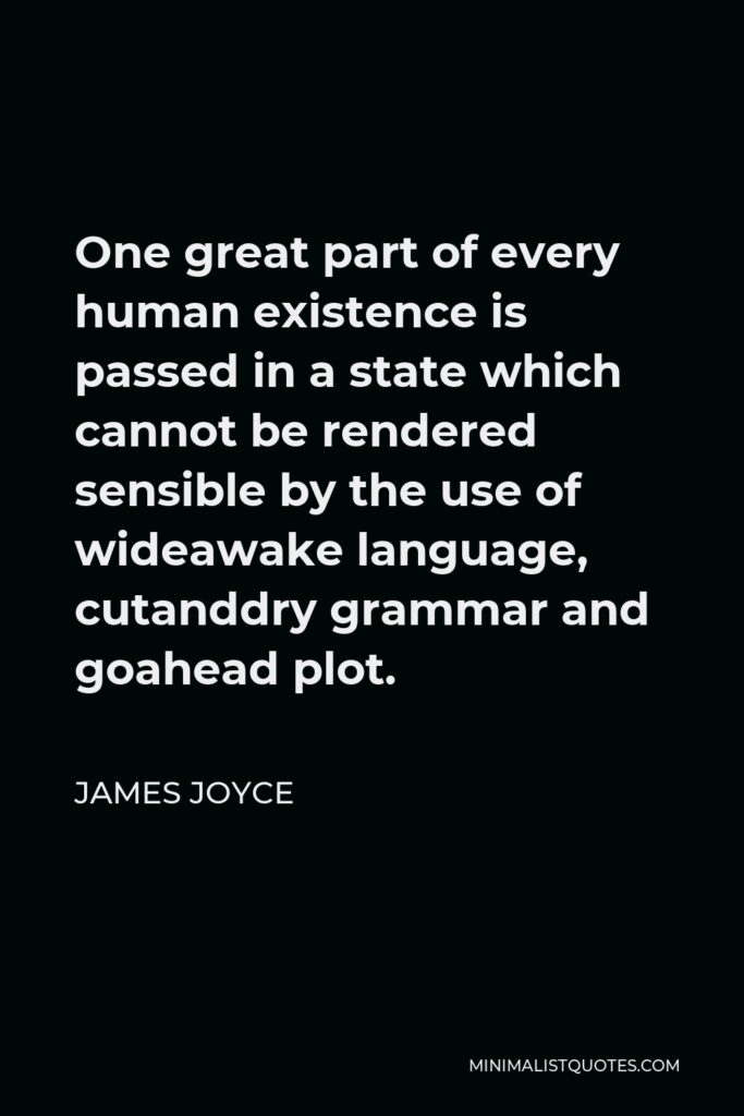 James Joyce Quote - One great part of every human existence is passed in a state which cannot be rendered sensible by the use of wideawake language, cutanddry grammar and goahead plot.