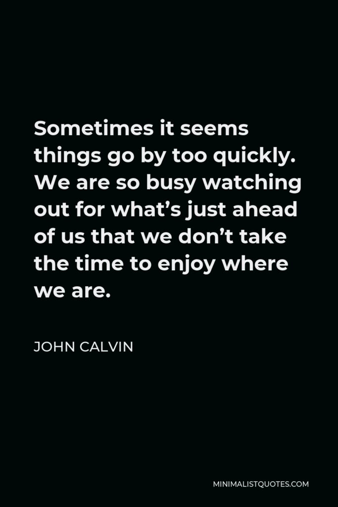 John Calvin Quote - Sometimes it seems things go by too quickly. We are so busy watching out for what’s just ahead of us that we don’t take the time to enjoy where we are.
