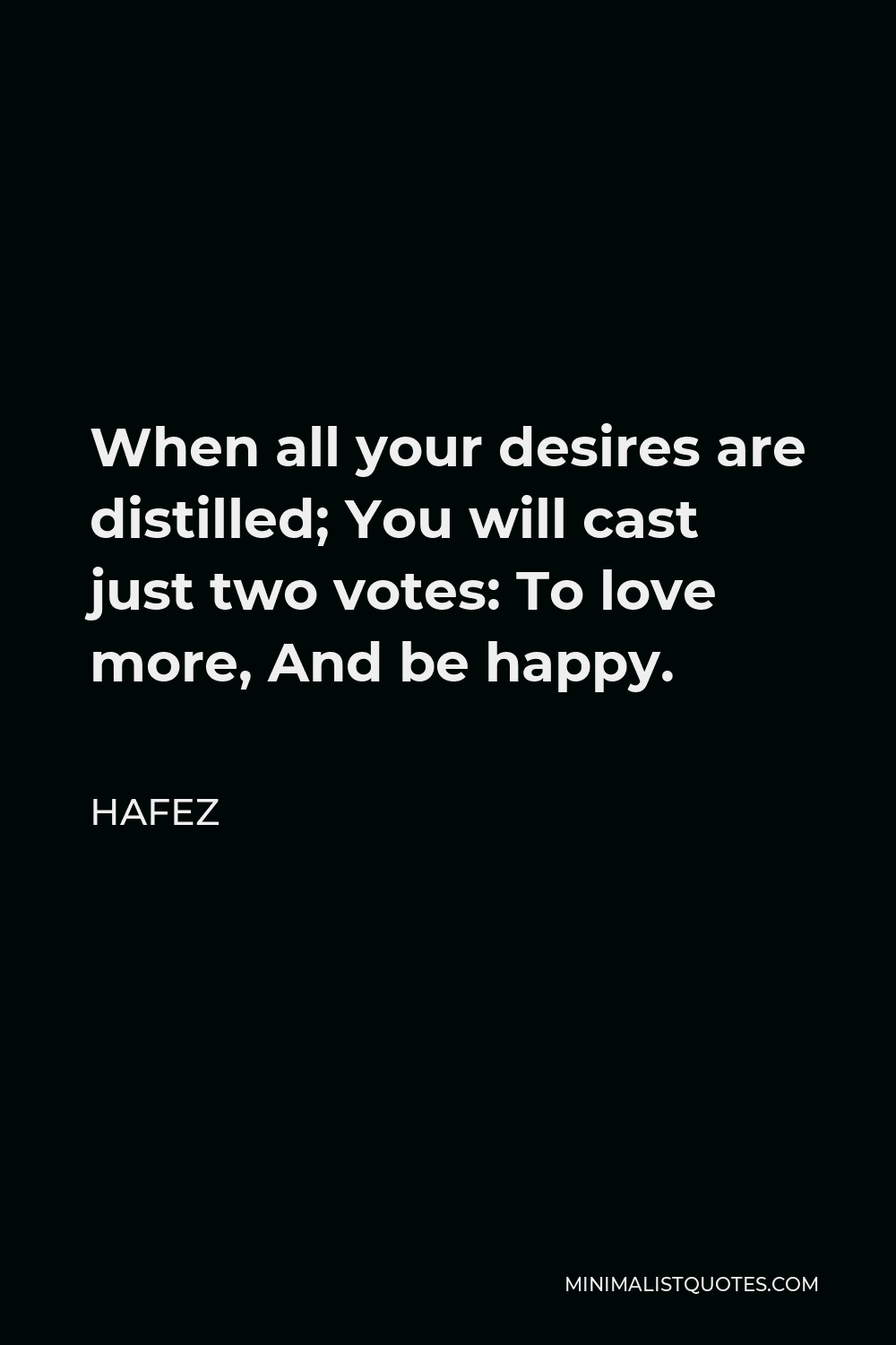 Hafez Quote - When all your desires are distilled; You will cast just two votes: To love more, And be happy.