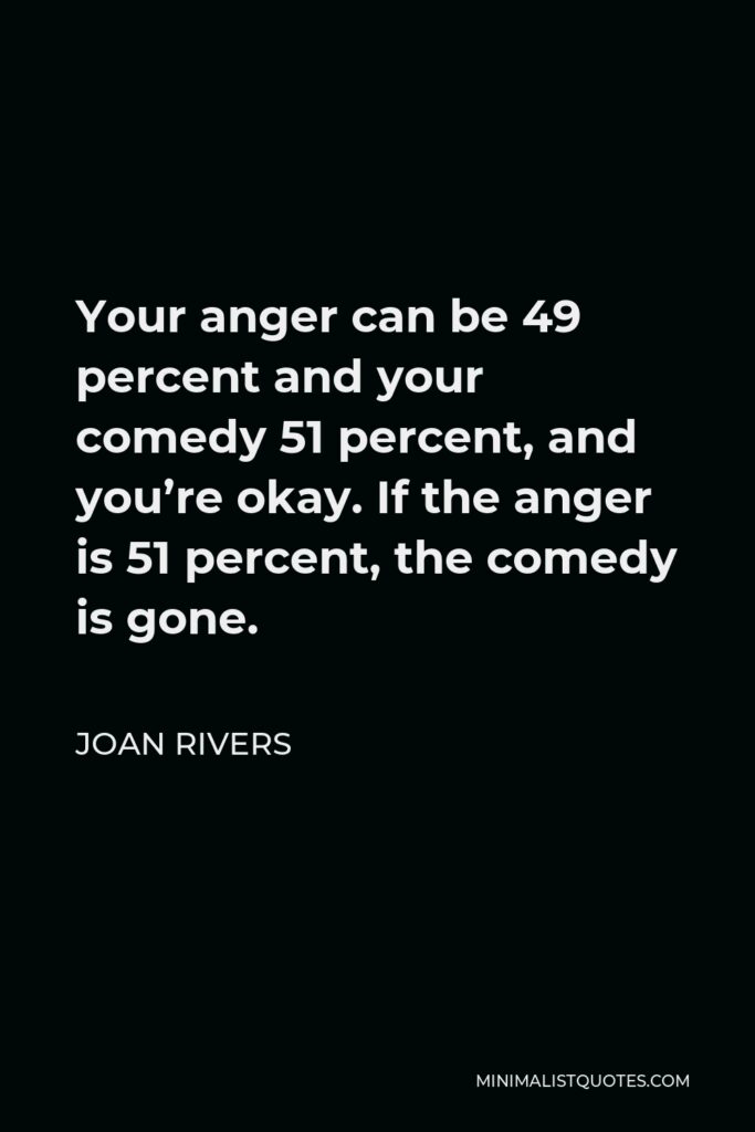 Joan Rivers Quote - Your anger can be 49 percent and your comedy 51 percent, and you’re okay. If the anger is 51 percent, the comedy is gone.
