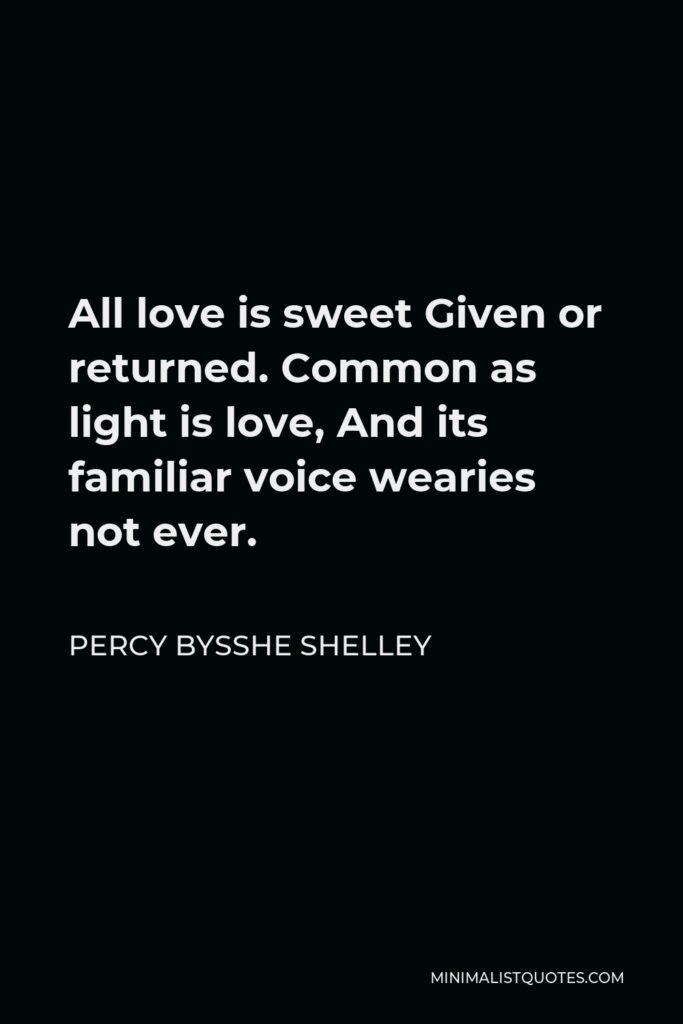 Percy Bysshe Shelley Quote - All love is sweet Given or returned. Common as light is love, And its familiar voice wearies not ever.