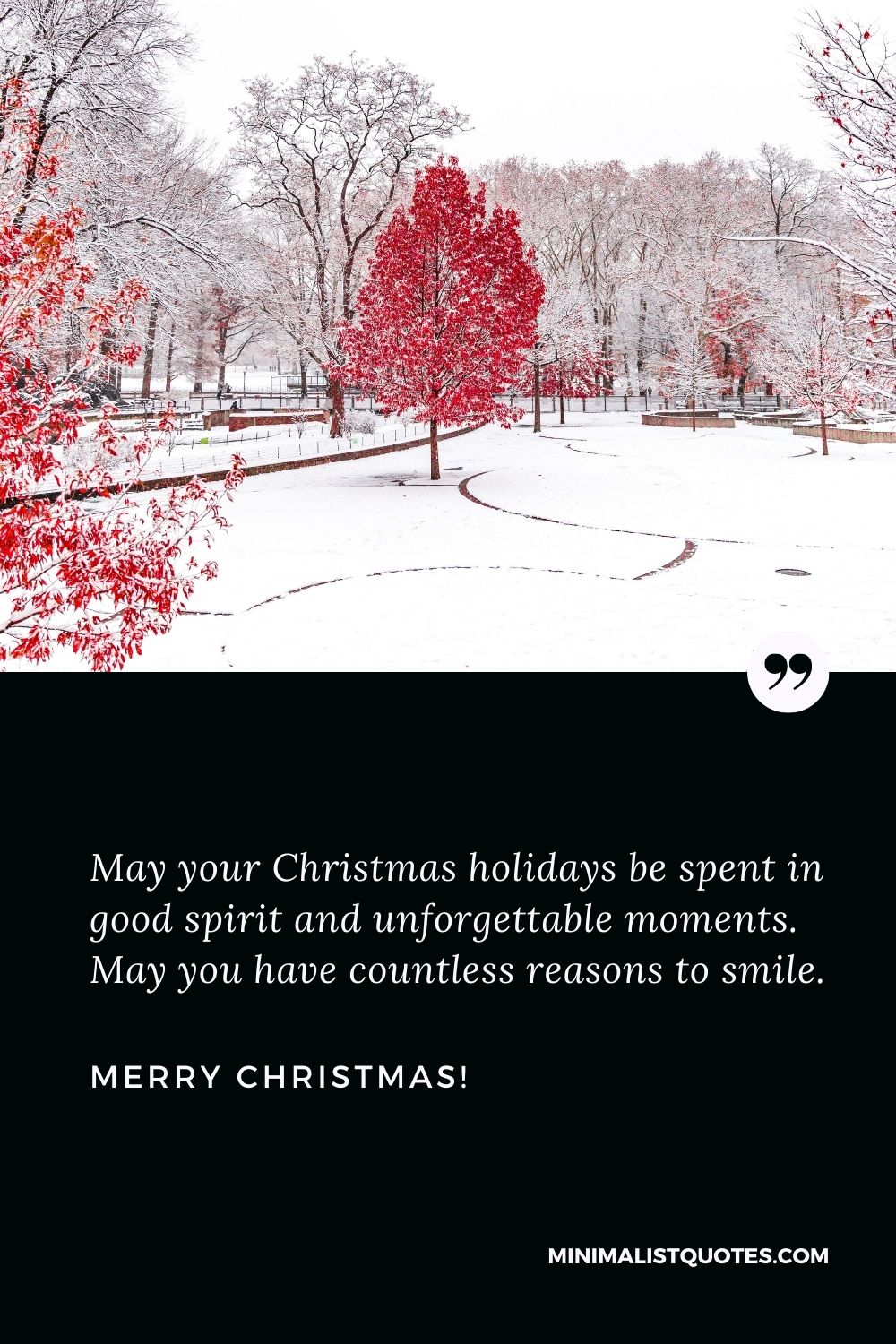 Christmas Greeting: May your Christmas holidays be spent in good spirit and unforgettable moments. May you have countless reasons to smile. Merry Christmas!
