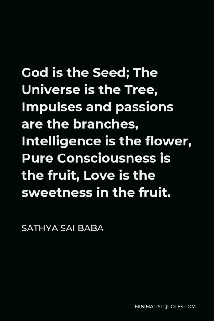 Sathya Sai Baba Quote - God is the Seed; The Universe is the Tree, Impulses and passions are the branches, Intelligence is the flower, Pure Consciousness is the fruit, Love is the sweetness in the fruit.